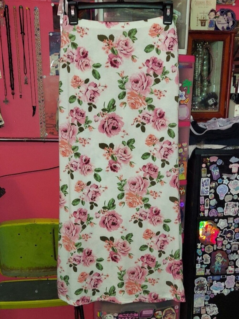 White with pink floral maxi pencil skirt